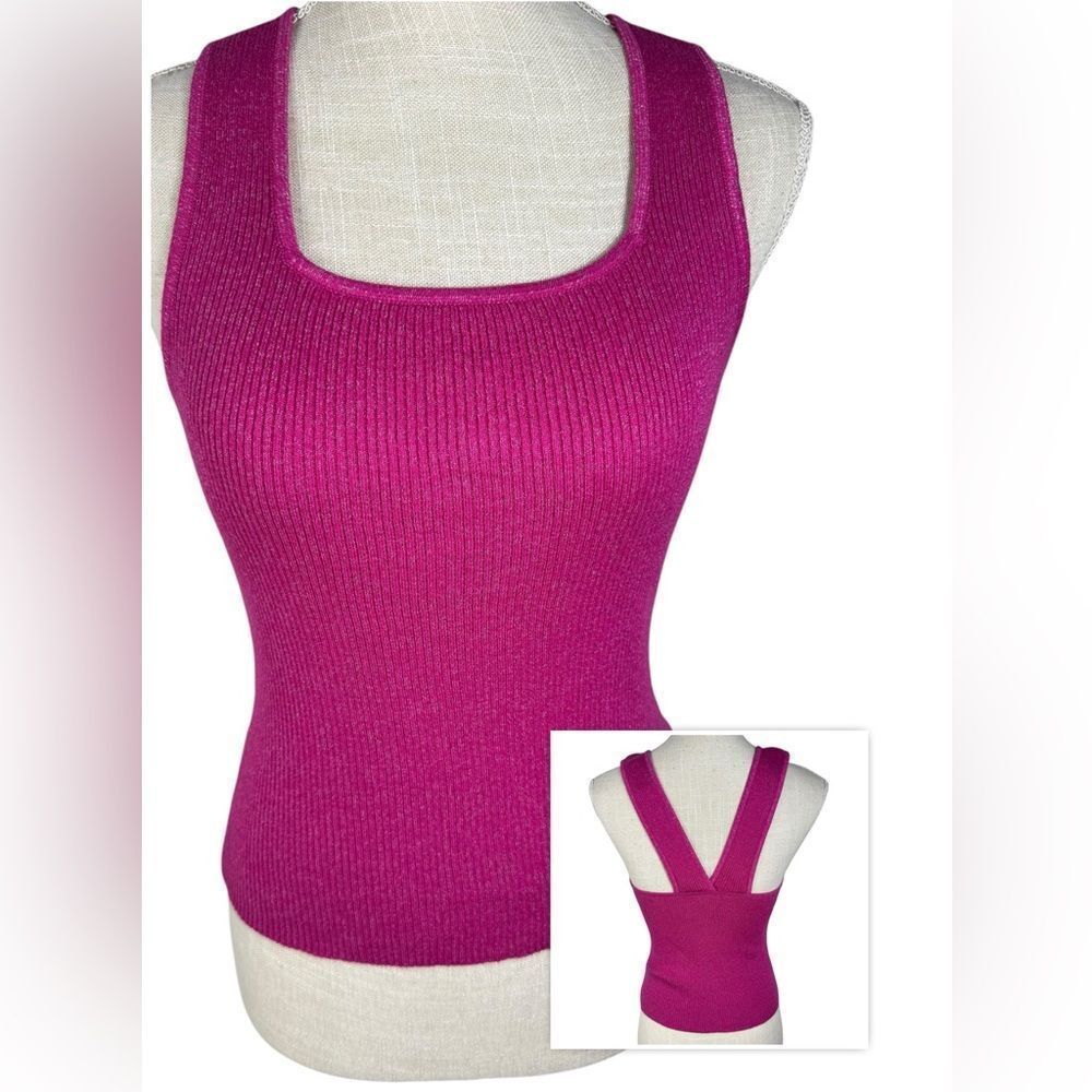 Bar III Fuschia Pink Glitter Knit Sleeveless Square Neckline Top